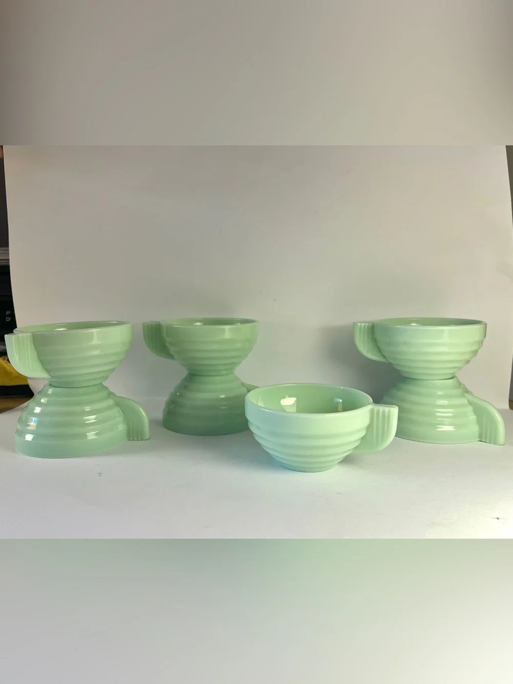 Vintage Jadeite Cup Set 7 Art Deco Style Ribbed Milk Glass Coffee Cups - FRANCE